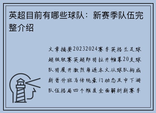 英超目前有哪些球队：新赛季队伍完整介绍