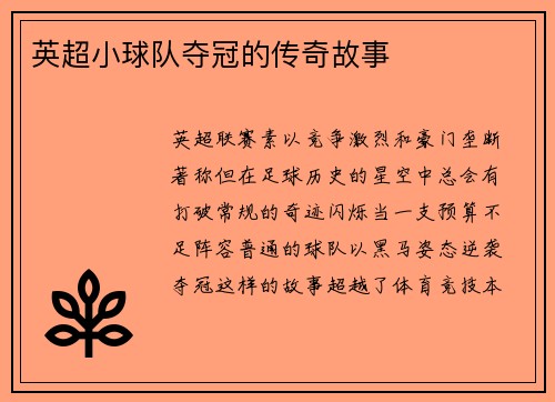 英超小球队夺冠的传奇故事
